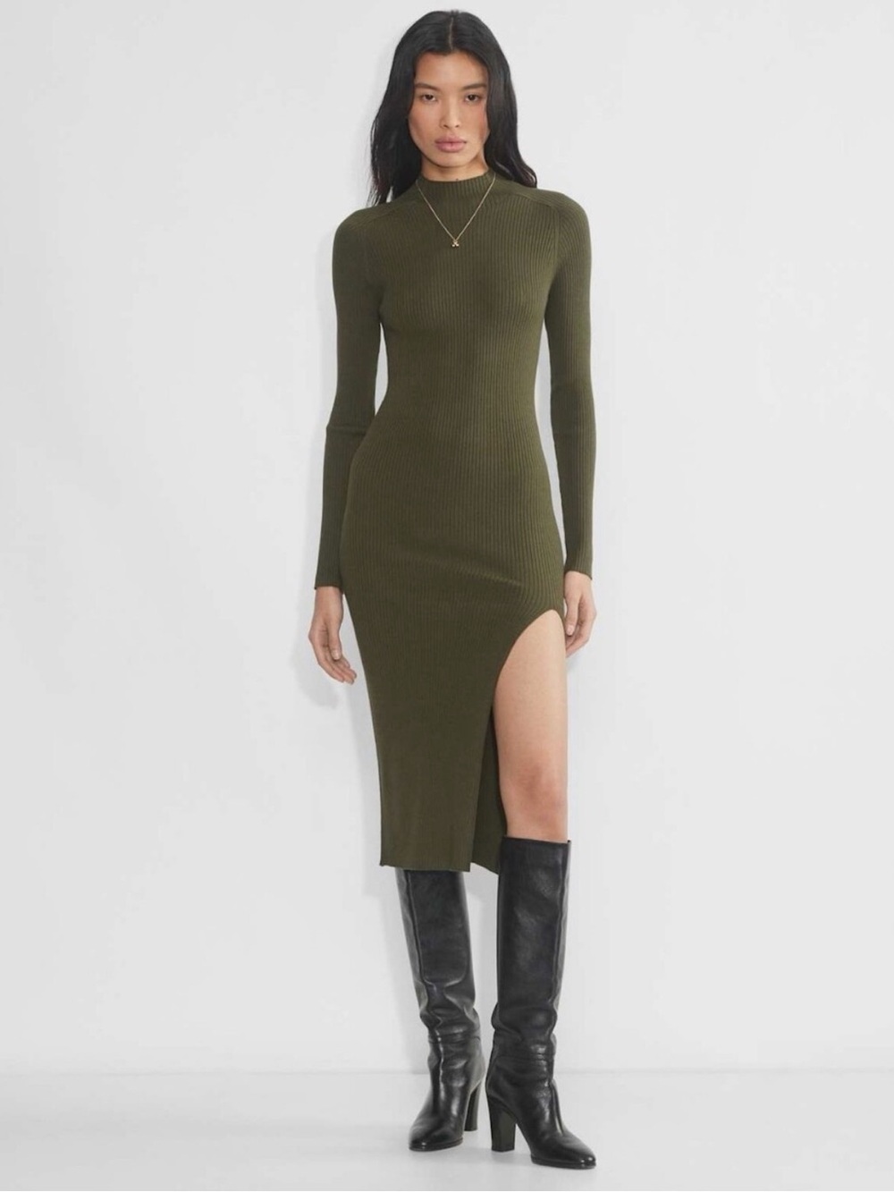 Wilfred Olive Ribbed Long-Sleeve Midi Dress with High Side Slit